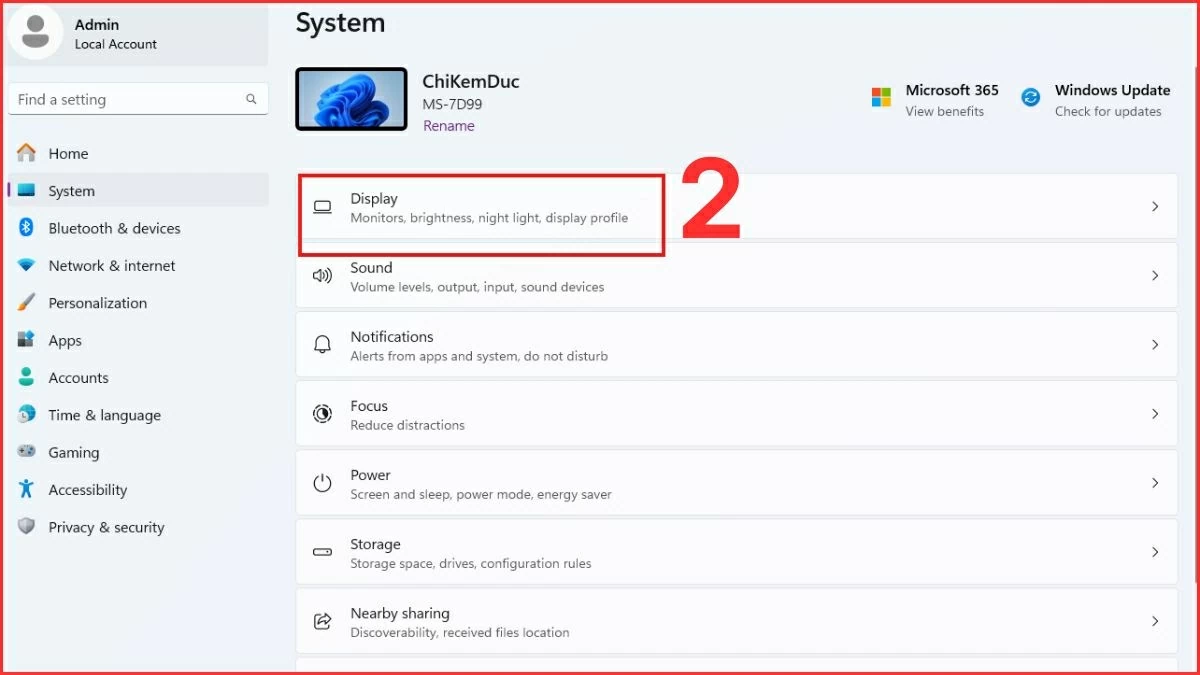 Vào mục Display để truy cập các thiết lập hiển thị.
