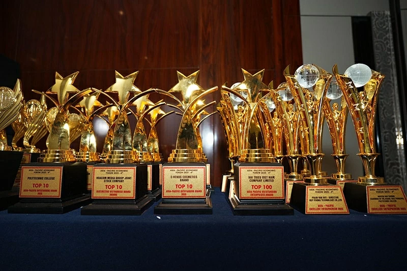 Hải Triều vinh dự lọt Top 100 thương hiệu tiêu biểu tại khu vực châu Á - Thái Bình Dương (cúp thứ 4 từ trái sang phải).