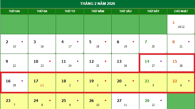 Lịch nghỉ Tết Nguyên đán 2026 với người lao động