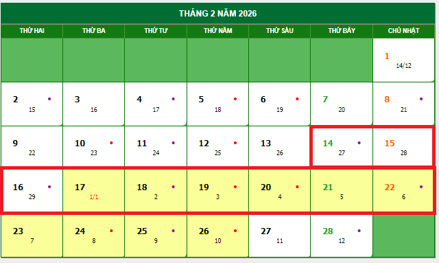 Lịch nghỉ Tết Nguyên đán 2026 với người lao động