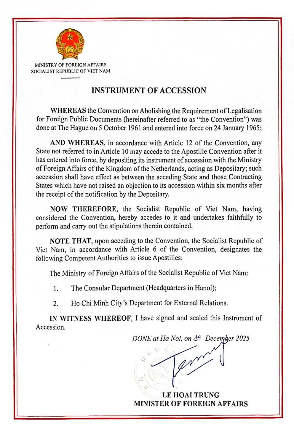 Văn kiện gia nhập Công ước Apostille của Việt Nam