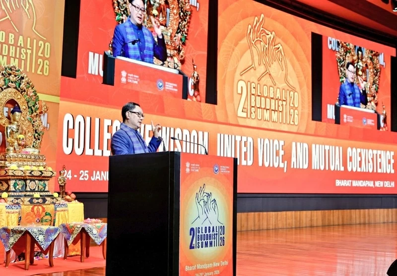 Bộ trưởng Các vấn đề nghị viện và thiểu số Ấn Độ Kiren Rijiju phát biểu tại hội nghị. (Nguồn: Buddish Channel)