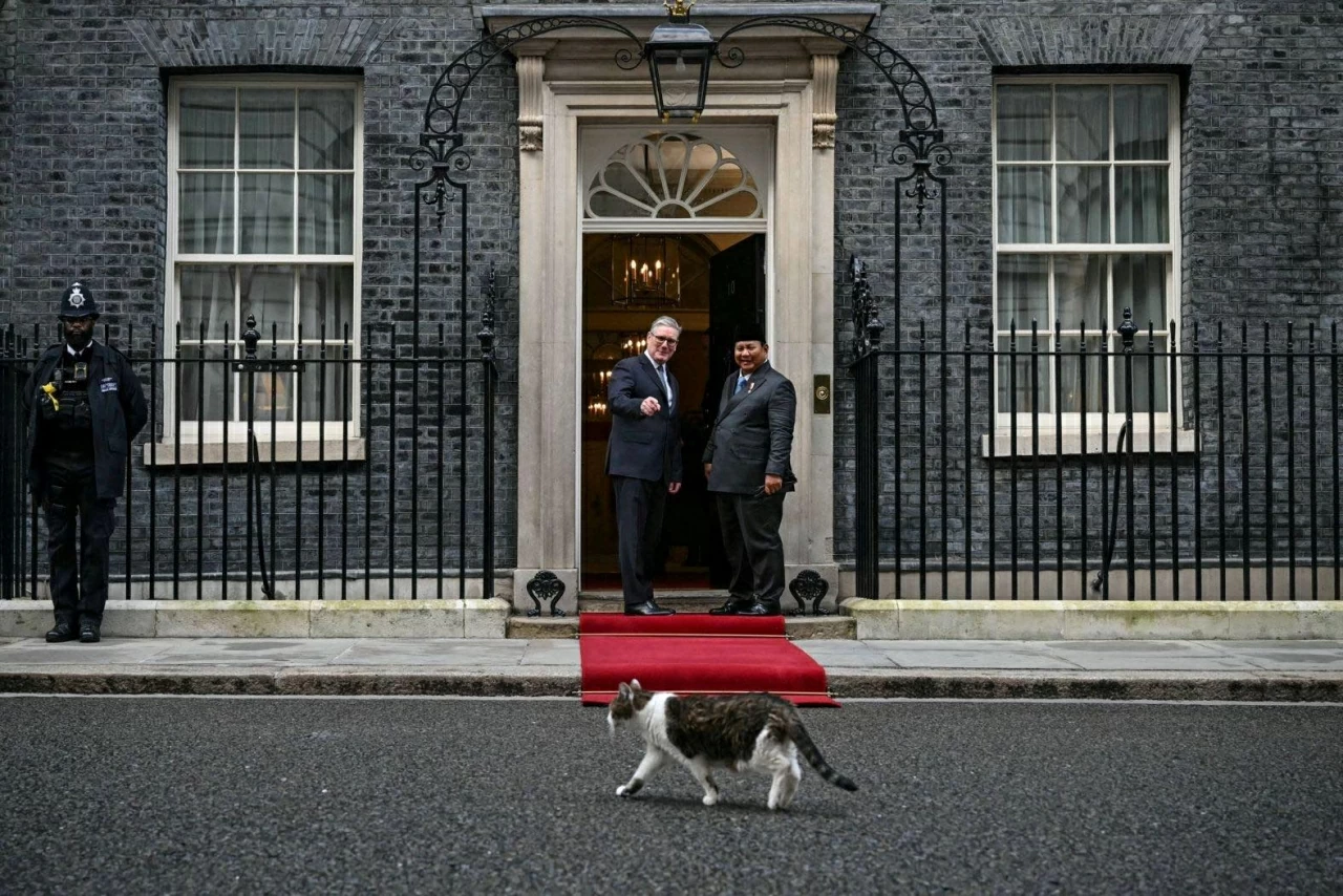Larry the Cat bước ngang qua Thủ tướng Anh Keir Starmer (giữa, bên trái) và Tổng thống Indonesia Prabowo Subianto khi hai nhà lãnh đạo gặp nhau tại số 10 phố Downing, London, vào thứ Ba, ngày 20/1. Larry là “trưởng bộ phận bắt chuột” của Phủ Thủ tướng Anh. (Nguồn: Pool)