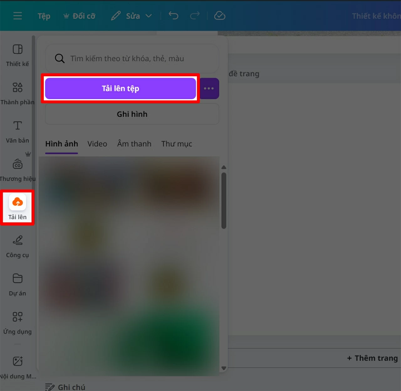 Chọn Tải lên và upload bức ảnh từ thiết bị của bạn lên Canva. Chọn Tải lên và upload bức ảnh từ thiết bị của bạn lên Canva.