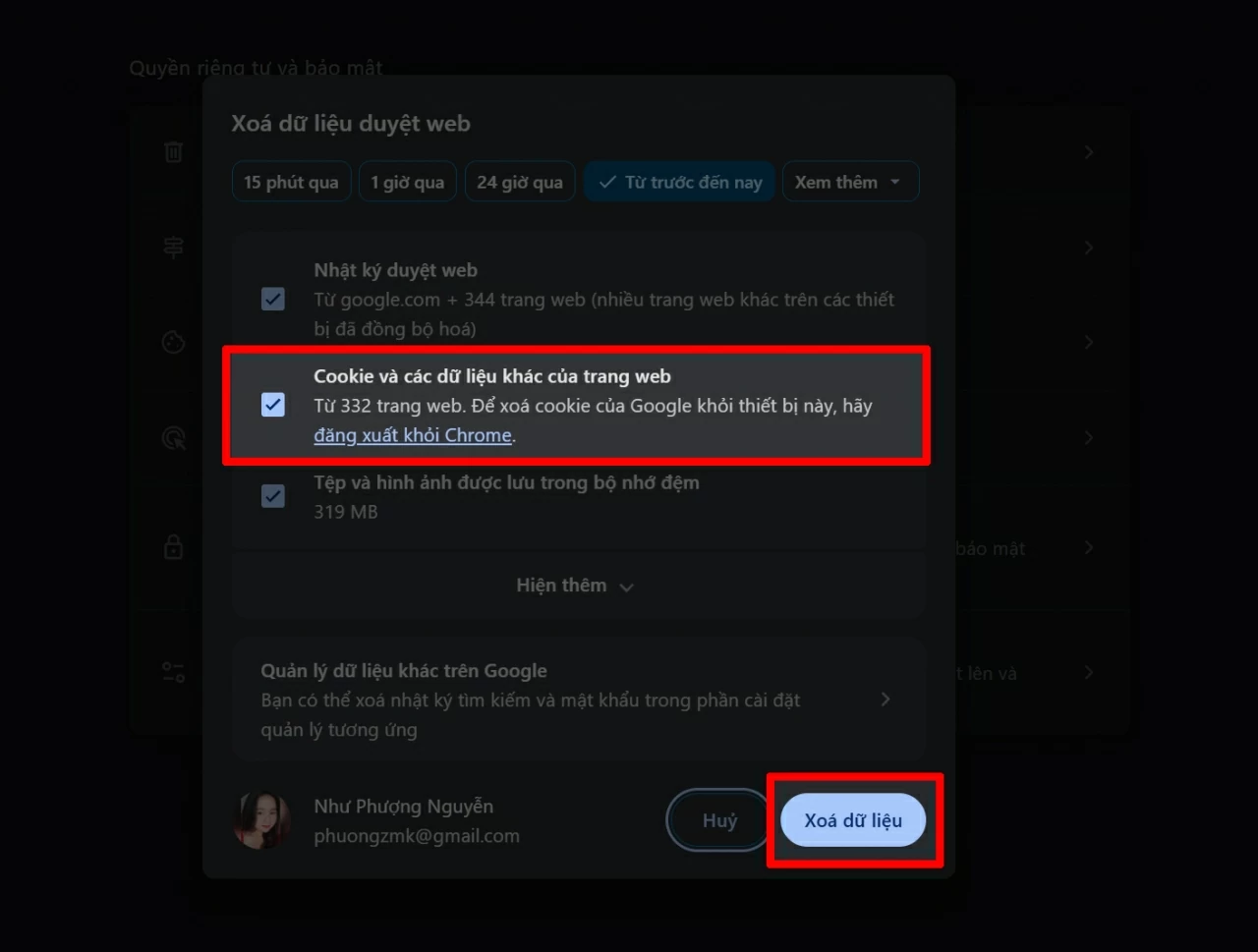 Xóa 2 bộ nhớ đệm (Cache) và Cookies. Xóa 2 bộ nhớ đệm (Cache) và Cookies.