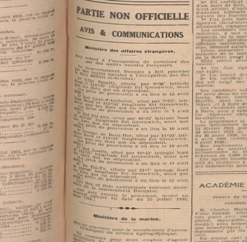 Thông báo ngày 19/7/1933 của Bộ ngoại giao hải quân Pháp về việc chiếm hữu và thiết lập chủ quyền của Việt Nam các đảo trên quần đảo Trường Sa, được công bố trên “Công báo Nước Cộng hoà Pháp” ngà 26/7/1933. Chính quyền Pháp chia toàn bộ Trường Sa thành 6 