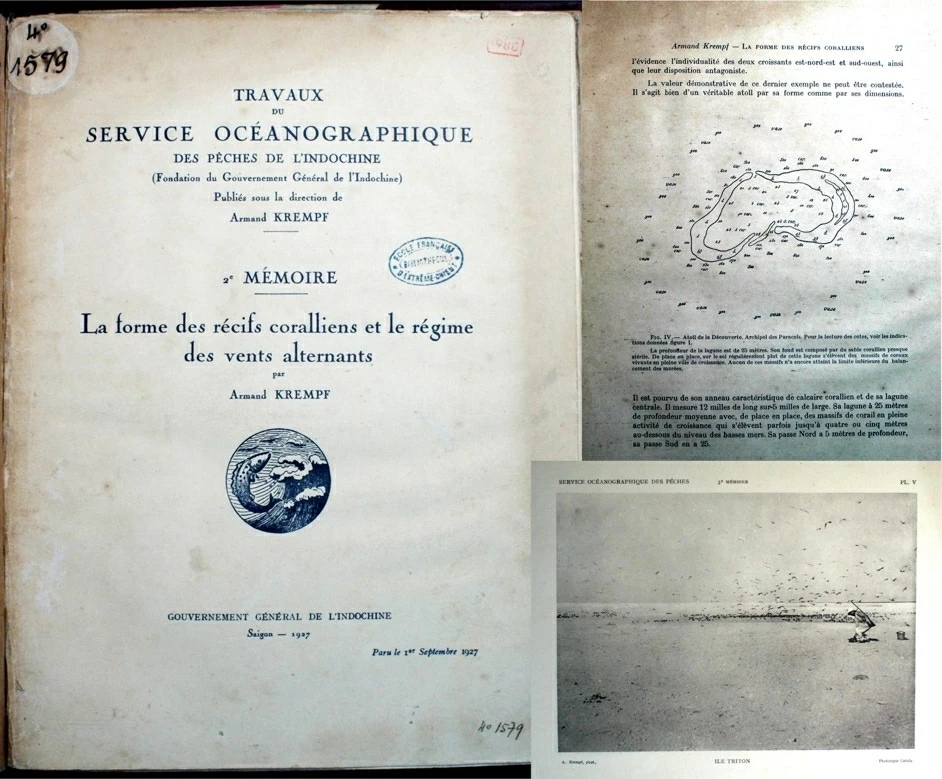 Một trong những ấn phẩm nghiên cứu của Viện Hải Dương học và thuỷ sản Đông Dương năm 1927 “Ghi chép hình dạng rạn san hô và chế độ gió mùa ở Hoàng Sa” do tiến sĩ Armand Krempt và cộng sự nghiên cứu tại Quần đảo Hoàng Sa.