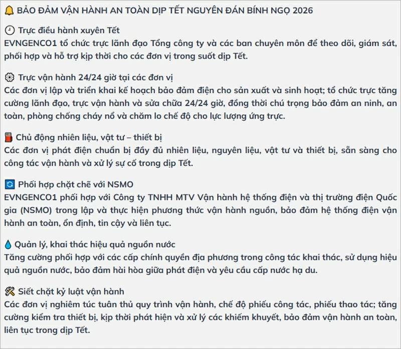 EVNGENCO1 giữ vững vận hành an toàn dịp Tết Nguyên đán, sẵn sàng cho cao điểm mùa khô.