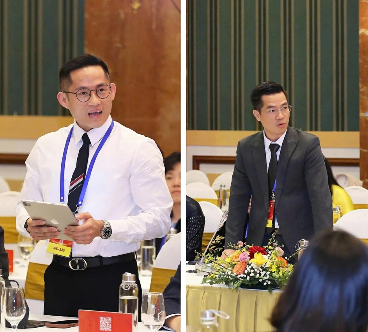 ông Nguyễn Phúc Bình (kiều bào Úc) và Tiến sĩ Hà Sơn Tùng (kiều bào Singapore) giới thiệu và chia sẻ góc nhìn của bản thân về lĩnh vực khoa học – công nghệ và đổi mới sáng tạo. (Ảnh: Thành Long)