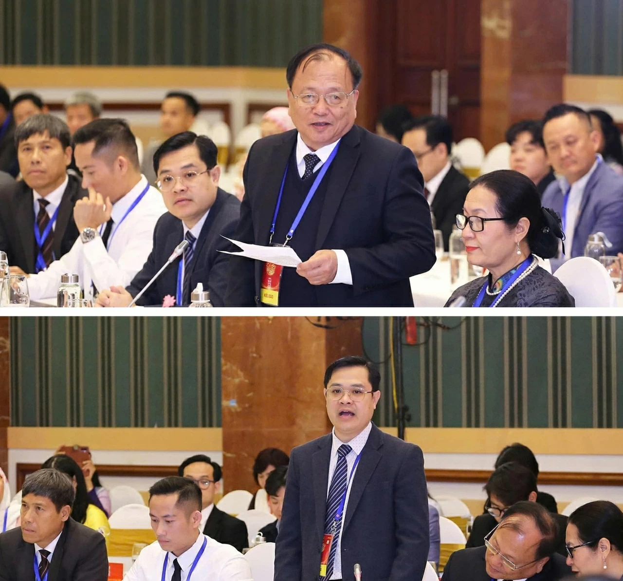 Giáo sư, Tiến sĩ Lê Thành Nhân (kiều bào Pháp) và Giáo sư, Tiến sĩ Nguyễn Quang Phước (kiều bào Hàn Quốc) phát biểu tại buổi gặp mặt. (Ảnh: Thành Long)