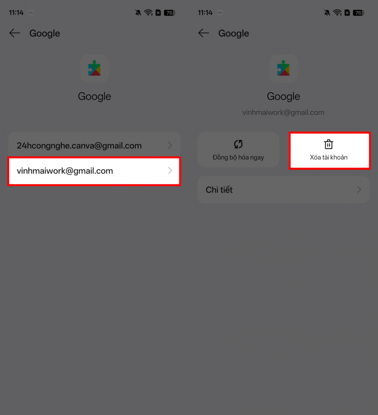 Danh sách tài khoản Google đã đăng nhập sẽ xuất hiện. 