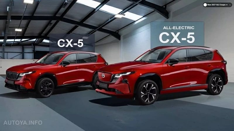 Mazda CX-5 bản thuần điện trong bản dựng kỹ thuật số với thiết kế đầu xe kín, loại bỏ lưới tản nhiệt truyền thống.