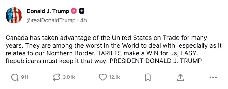 Tổng thống Trump cảnh báo nghị sĩ Mỹ về hệ lụy chính trị nếu phản đối chính sách thuế với Canada Tổng thống Trump cảnh báo nghị sĩ Mỹ về hệ lụy chính trị nếu phản đối chính sách thuế với Canada