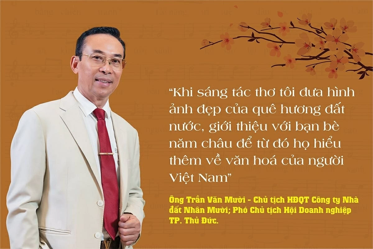 Trong vai trò doanh nhân, bằng những trải nghiệm, va chạm với đời sống thực tế xã hội, ông có nhiều trăn trở và thơ ca đến với ông Trần Văn Mười như một nhu cầu tự nhiên. Trong vai trò doanh nhân, bằng những trải nghiệm, va chạm với đời sống thực tế xã hội, ông có nhiều trăn trở và thơ ca đến với ông Trần Văn Mười như một nhu cầu tự nhiên.