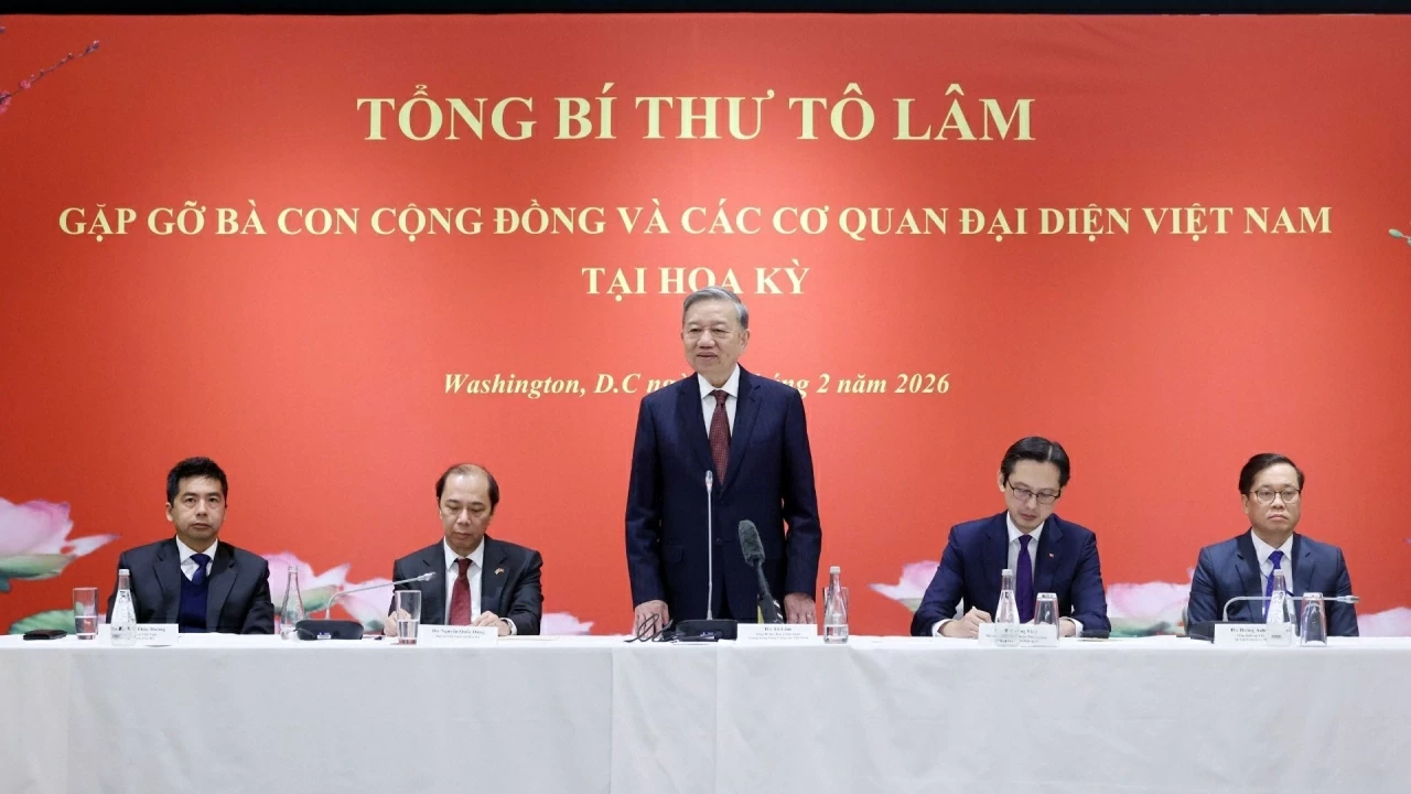 Tổng Bí thư Tô Lâm phát biểu tại buổi gặp gỡ bà con cộng đồng và các cơ quan đại diện Việt Nam tại Hoa Kỳ. (Nguồn: TTXVN)