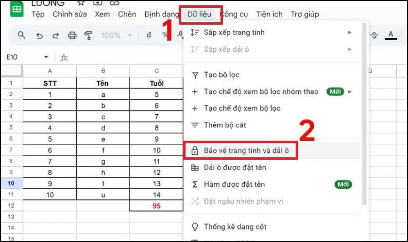 Mở tệp Google Sheets cần khóa. Mở tệp Google Sheets cần khóa.