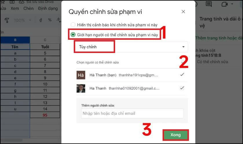  Tại mục Giới hạn người có thể chỉnh sửa phạm vi này.
