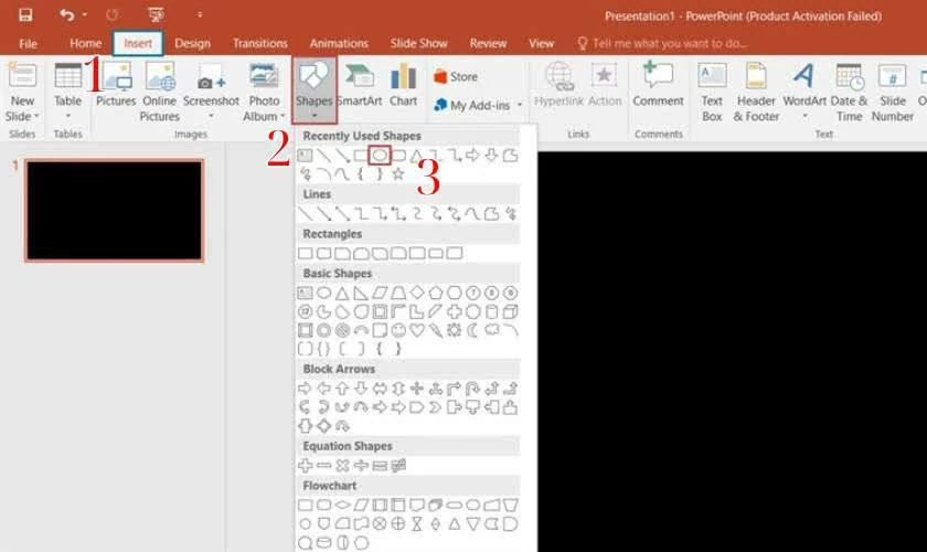 Chuyển sang thẻ Insert, chọn Shapes rồi chọn hình tròn. 