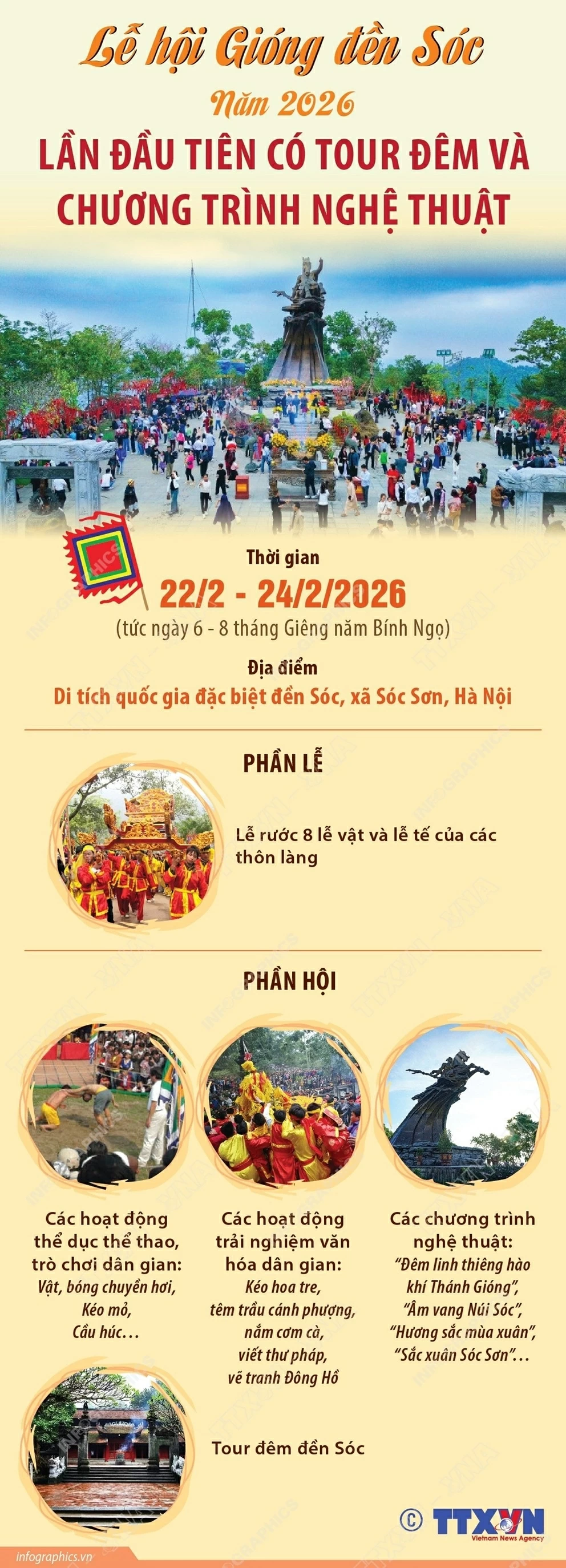 Lễ hội Gióng đền Sóc năm 2026: Lần đầu tiên có tour đêm và chương trình nghệ thuật Lễ hội Gióng đền Sóc năm 2026: Lần đầu tiên có tour đêm và chương trình nghệ thuật