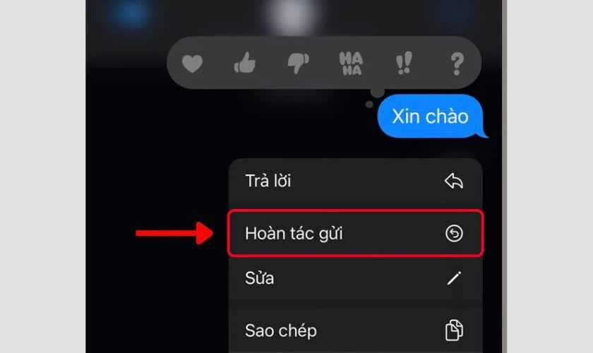 Chọn “Hoàn tác gửi” để thu hồi tin nhắn.