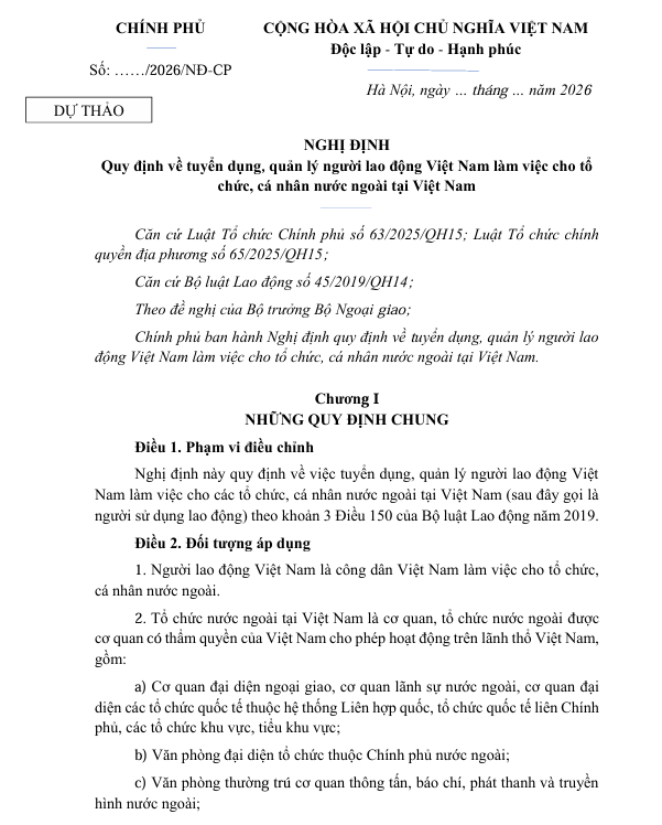 Dự thảo Nghị định quy định về tuyển dụng, quản lý người lao động Việt Nam làm việc cho tổ chức, cá nhân nước ngoài tại Việt Nam