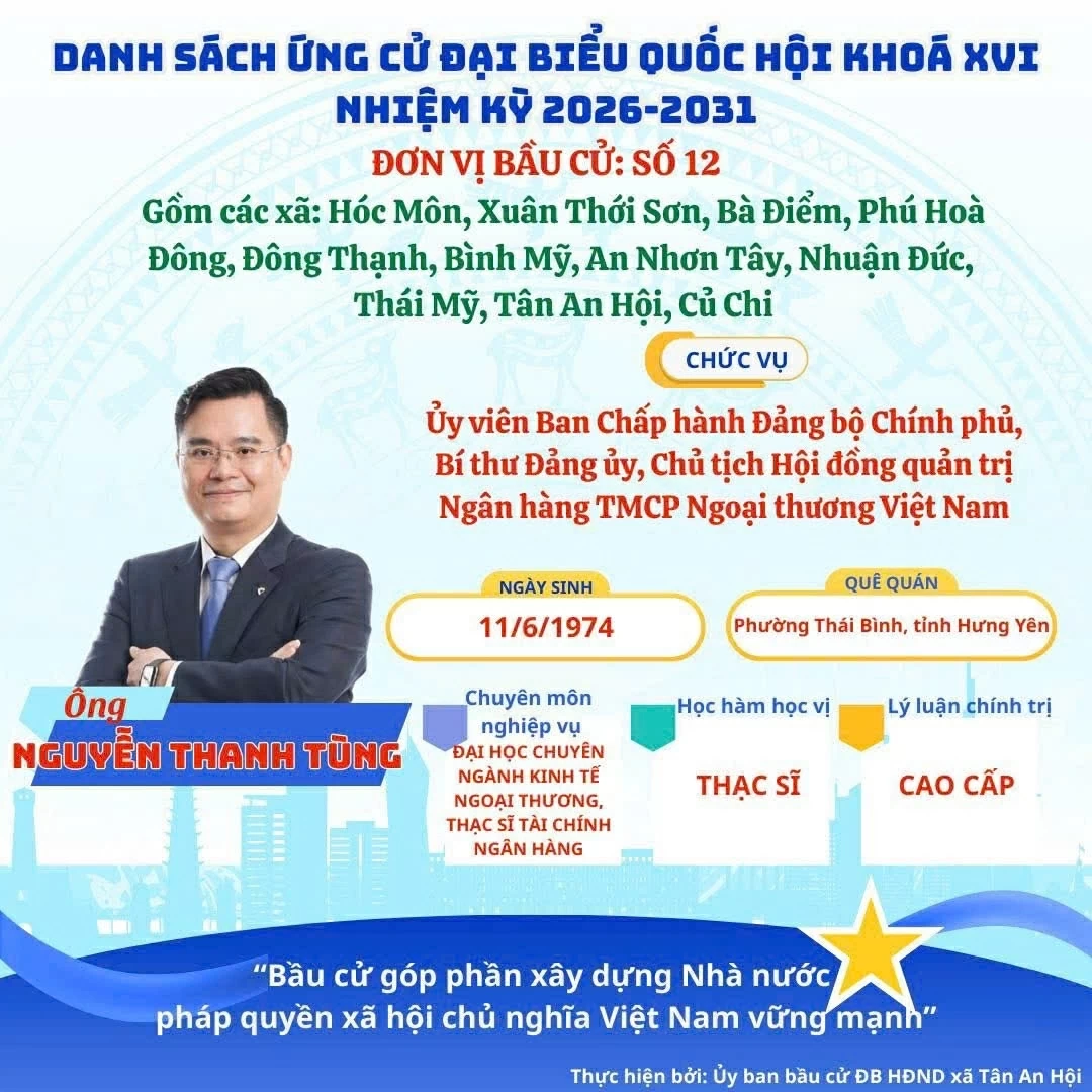 Chủ tịch HĐQT Vietcombank Nguyễn Thanh Tùng ứng cử đại biểu Quốc hội khóa XVI Chủ tịch HĐQT Vietcombank Nguyễn Thanh Tùng ứng cử đại biểu Quốc hội khóa XVI tại đơn vị bầu cử số 12, TP. Hồ Chí Minh