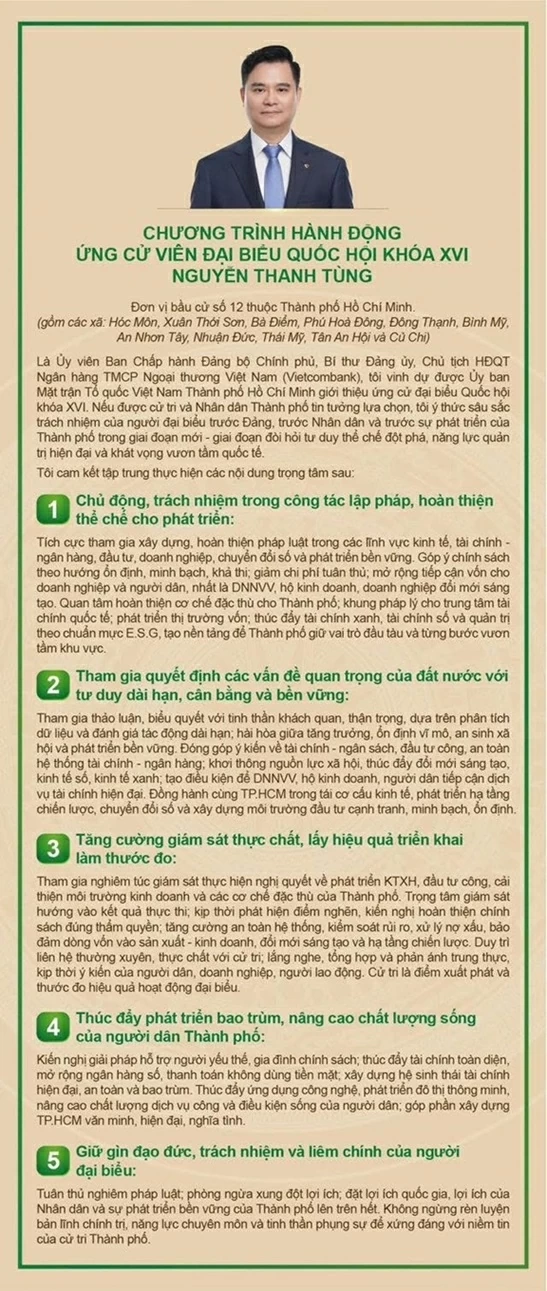 Chủ tịch HĐQT Vietcombank Nguyễn Thanh Tùng ứng cử đại biểu Quốc hội khóa XVI tại đơn vị bầu cử số 12, TP. Hồ Chí Minh