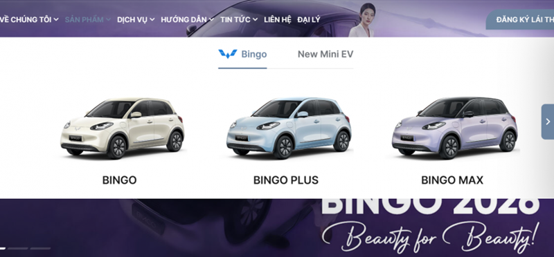 Hiện chỉ còn hiển thị duy nhất mẫu xe điện Bingo trong danh mục sản phẩm của Wuling tại Việt Nam.