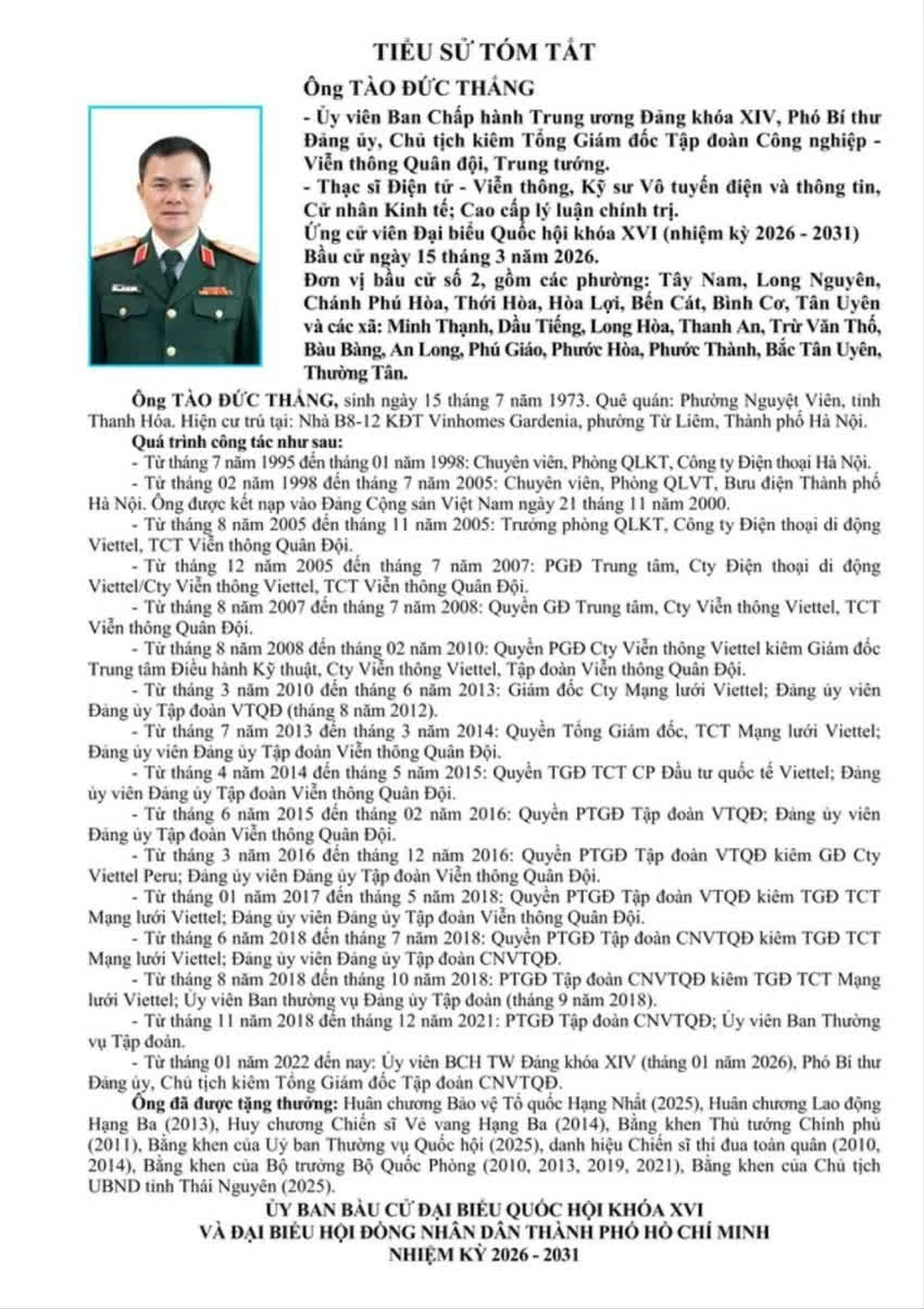 Chủ tịch kiêm Tổng giám đốc Tập đoàn Viettel Tào Đức Thắng ứng cử đại biểu Quốc hội khóa XVI tại đơn vị bầu cử số 2 TP. Hồ Chí Minh Chủ tịch kiêm Tổng giám đốc Tập đoàn Viettel Tào Đức Thắng ứng cử đại biểu Quốc hội khóa XVI tại đơn vị bầu cử số 2 TP. Hồ Chí Minh