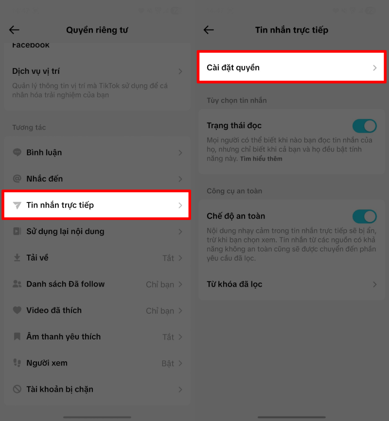Trong phần Quyền riêng tư.