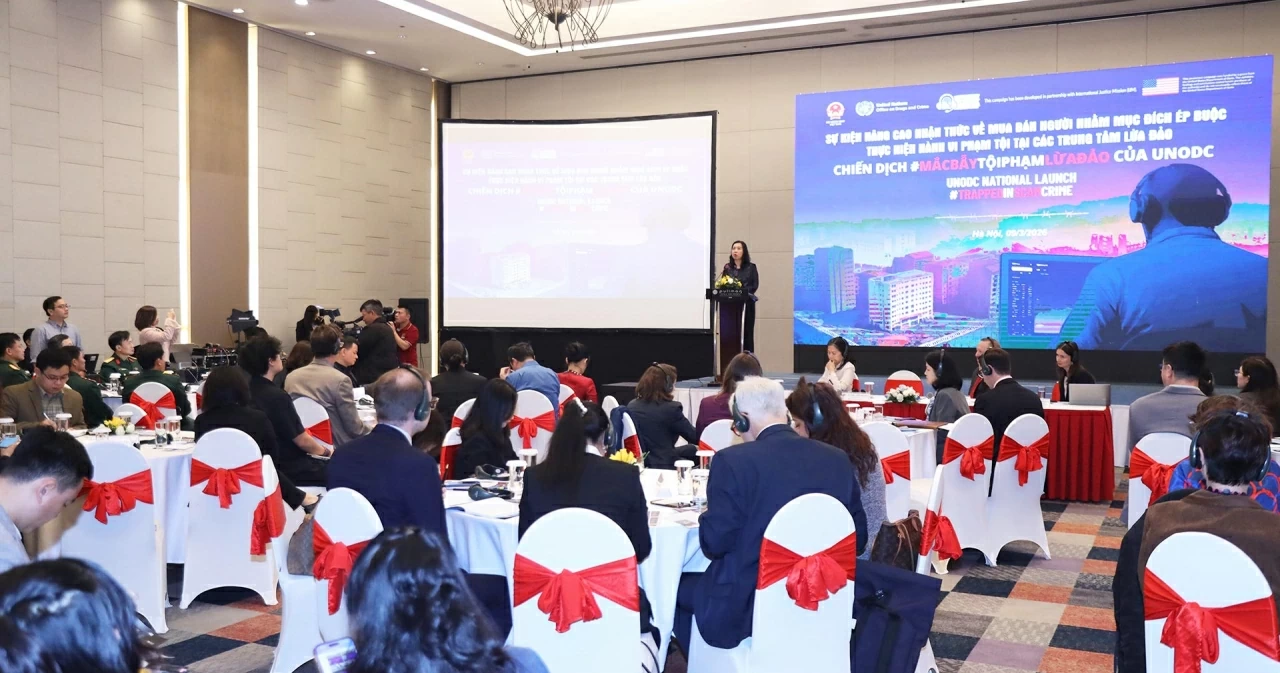 Toàn cảnh Sự kiện Sự kiện nâng cao nhận thức về mua bán người nhằm mục đích ép buộc thực hiện hành vi phạm tội tại các trung tâm lừa đảo. (Ảnh: Thành Long)