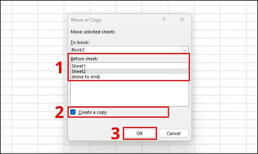 Ở mục Before sheet, chọn vị trí mà bạn muốn đặt sheet sau khi sao chép.