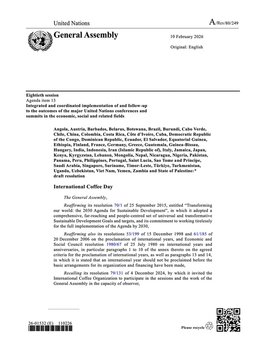 Đại hội đồng Liên hợp quốc thông qua Nghị quyết về Ngày quốc tế Cà phê