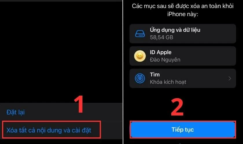 Tiếp theo, chọn Xóa tất cả nội dung và cài đặt. Tiếp theo, chọn Xóa tất cả nội dung và cài đặt.