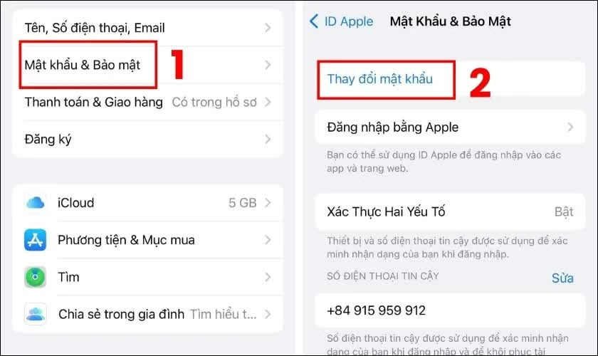 iếp tục chọn Mật khẩu & Bảo mật.