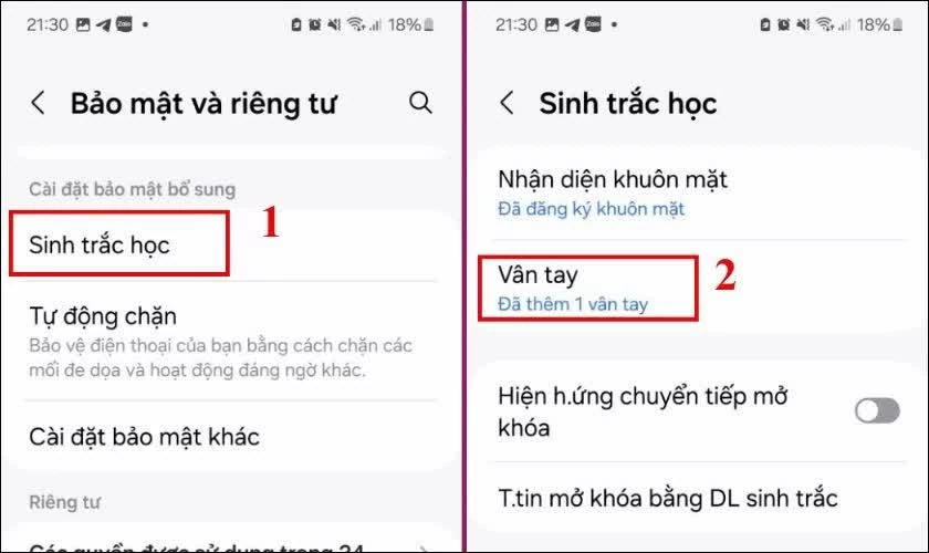 Tiếp tục nhấn vào mục Sinh trắc học, sau đó chọn Vân tay. Tiếp tục nhấn vào mục Sinh trắc học, sau đó chọn Vân tay.