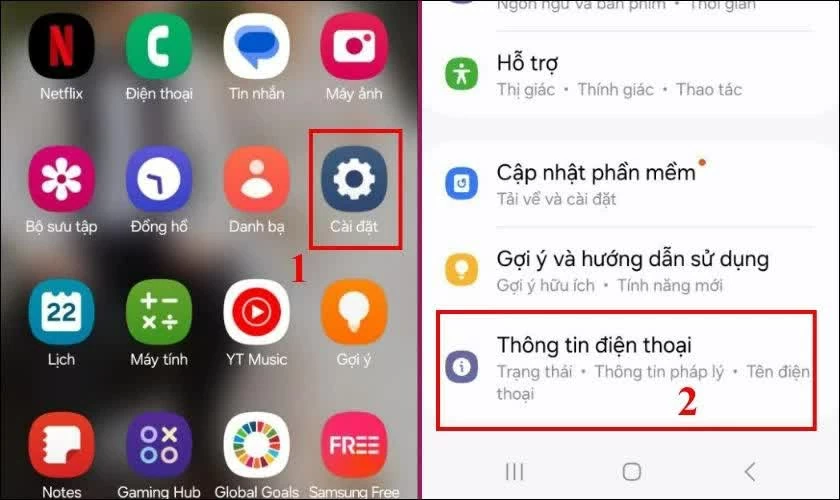 Mở Cài đặt trên điện thoại Samsung, sau đó chọn Thông tin điện thoại. Mở Cài đặt trên điện thoại Samsung, sau đó chọn Thông tin điện thoại.