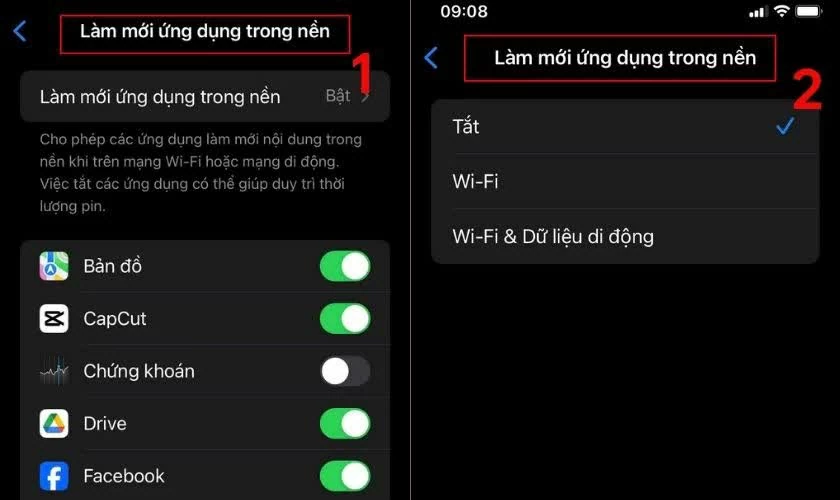 Tiếp tục chọn Làm mới ứng dụng trong nền.
