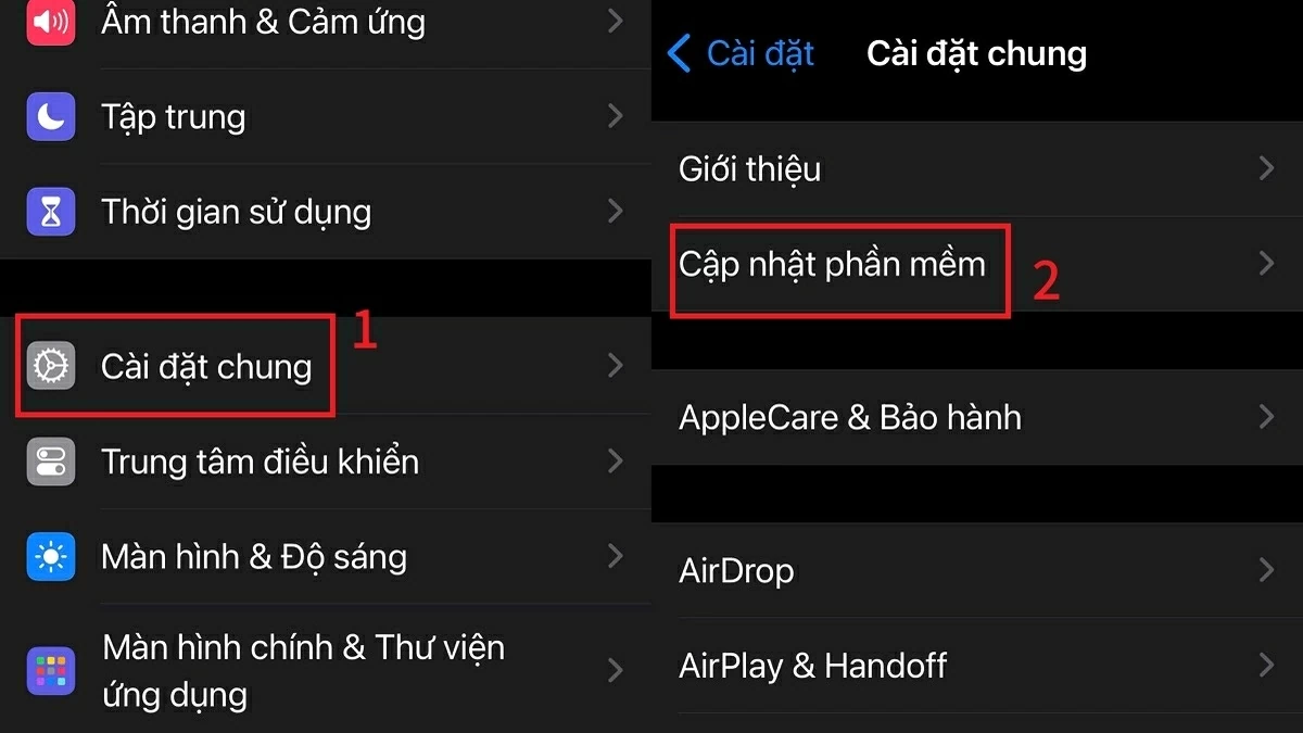 Nhấn vào mục Cập nhật phần mềm để kiểm tra phiên bản iOS mới.