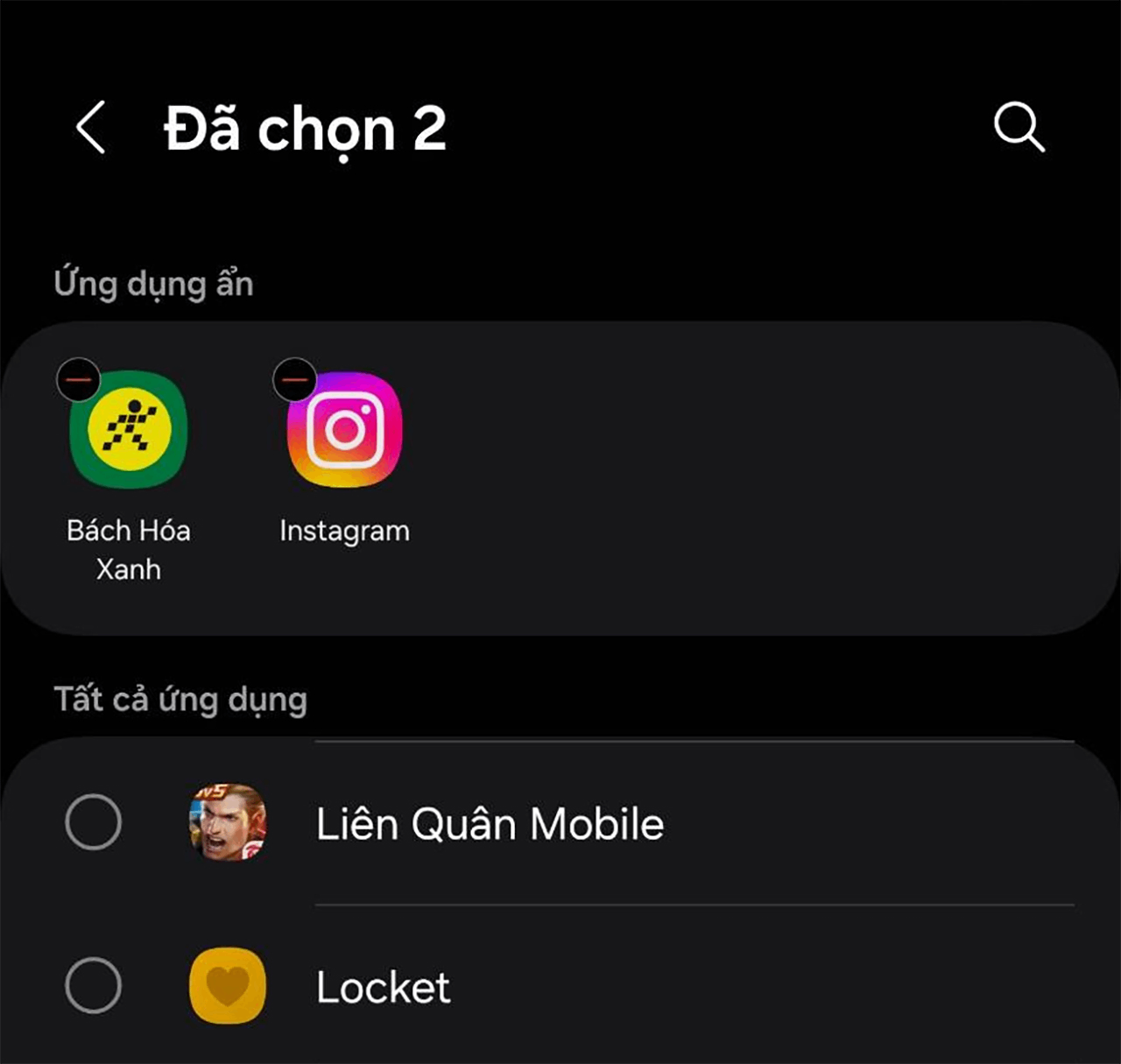 Tại đây, danh sách các ứng dụng đang bị ẩn sẽ được hiển thị.