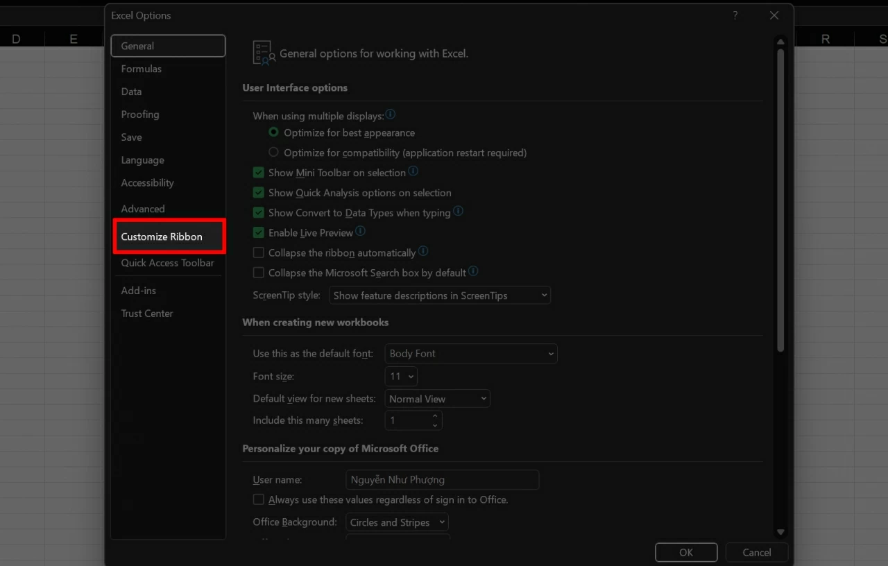 Tại cửa sổ Excel Options.