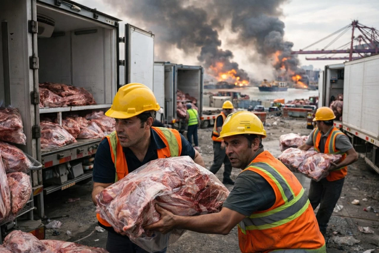 Công nhân chất thịt bò lên xe tải đông lạnh trong bối cảnh căng thẳng và bất ổn về hậu cần do chiến tranh ở Trung Đông gây ra. Ảnh minh họa tạo bởi ChatGPT.(Nguồn: clickpetroleoegas)