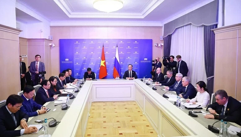 Thủ tướng Ch&iacute;nh phủ Phạm Minh Ch&iacute;nh hội kiến Chủ tịch Duma Quốc gia Nga Vyacheslav Volodin