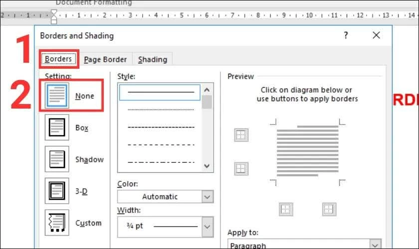 Khi hộp thoại Borders and Shading xuất hiện.