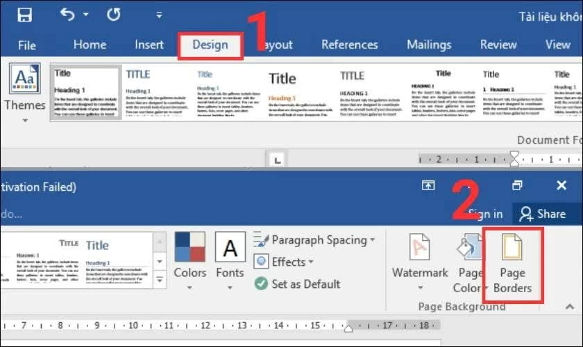 Trên thanh công cụ, chọn tab Design rồi nhấp vào mục Page Borders.. Trên thanh công cụ, chọn tab Design rồi nhấp vào mục Page Borders..