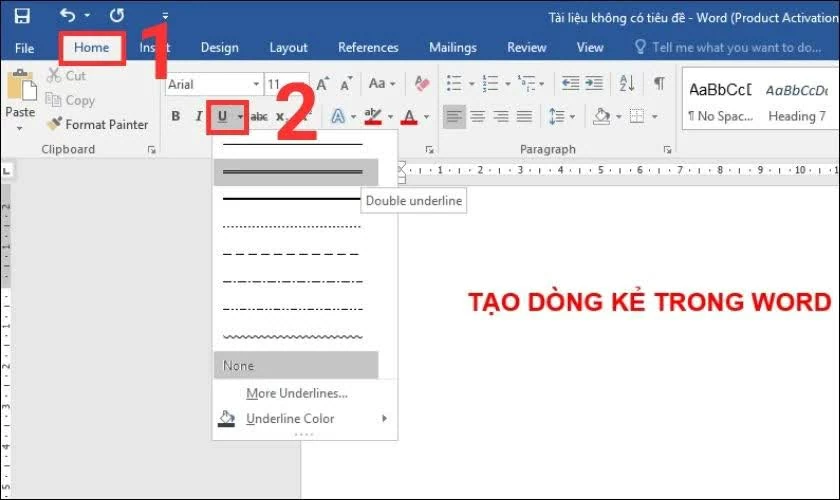 Tại thẻ Home, nhấn vào biểu tượng mũi tên nhỏ bên cạnh chữ U (Underline). Tại thẻ Home, nhấn vào biểu tượng mũi tên nhỏ bên cạnh chữ U (Underline).