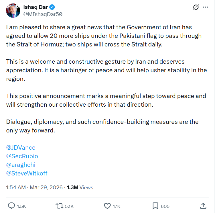 Bài đăng của Ngoại trưởng Pakistan Ishaq Dar trên mạng xã hội X. (Ảnh chụp màn hình) Bài đăng của Ngoại trưởng Pakistan Ishaq Dar trên mạng xã hội X. (Ảnh chụp màn hình)