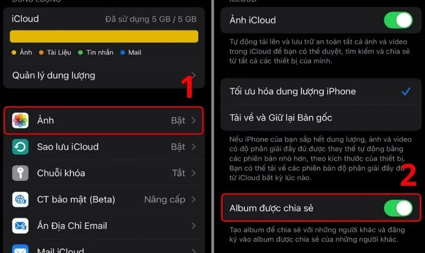 Chọn Ảnh rồi bật mục Album được chia sẻ. Chọn Ảnh rồi bật mục Album được chia sẻ.