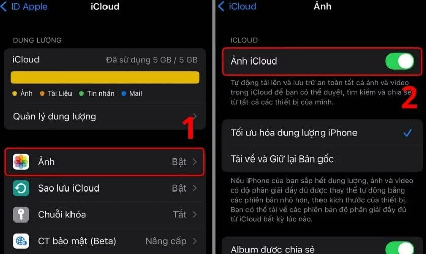 Chọn mục Ảnh và bật Ảnh iCloud để ảnh tự động đồng bộ sang iPhone mới. Chọn mục Ảnh và bật Ảnh iCloud để ảnh tự động đồng bộ sang iPhone mới.