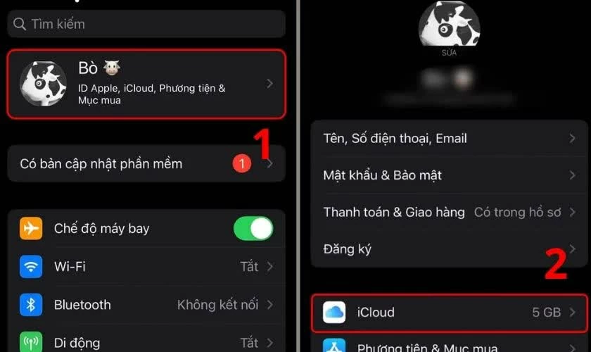 Nhấn vào ID Apple, sau đó chọn iCloud. Nhấn vào ID Apple, sau đó chọn iCloud.